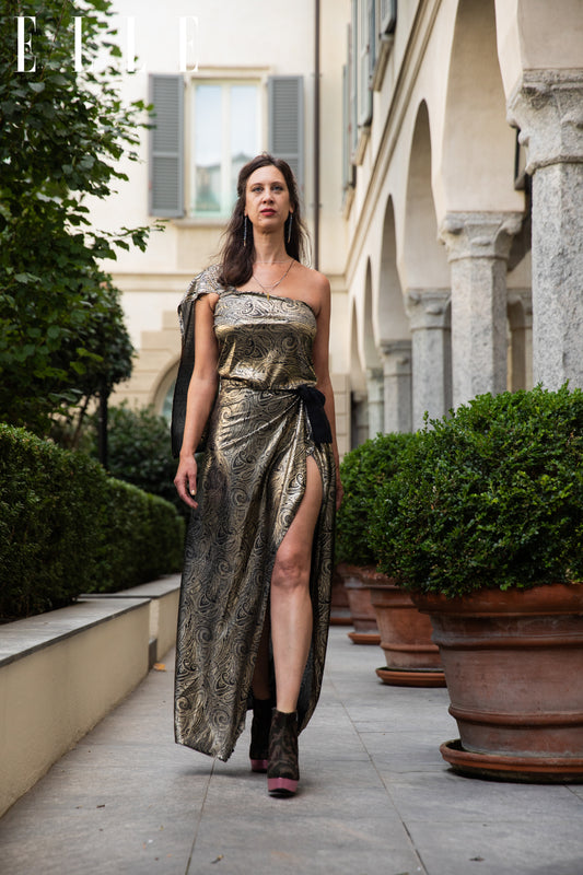 Adjustable, size inclusive women's evening gown with waist tie and thigh slit. This gown will fit one size fits all. Luxury resort wear and evening gown.