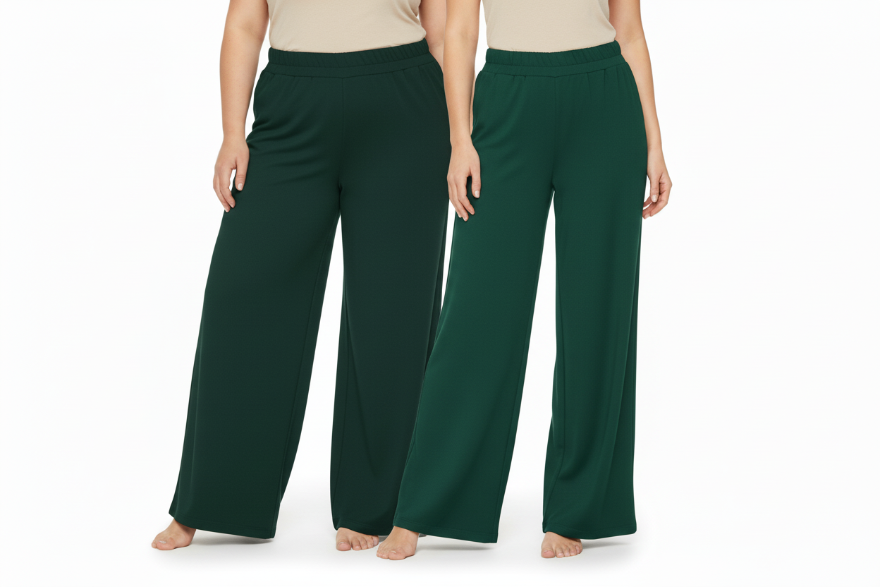 This photo shows two models side by side in size adjustable pants that fit all body sizes.