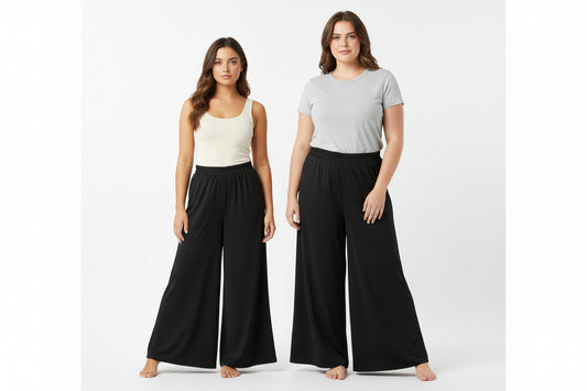 This photo shows two models of different sizes wearing the same pair of size adjustable palazzo pants