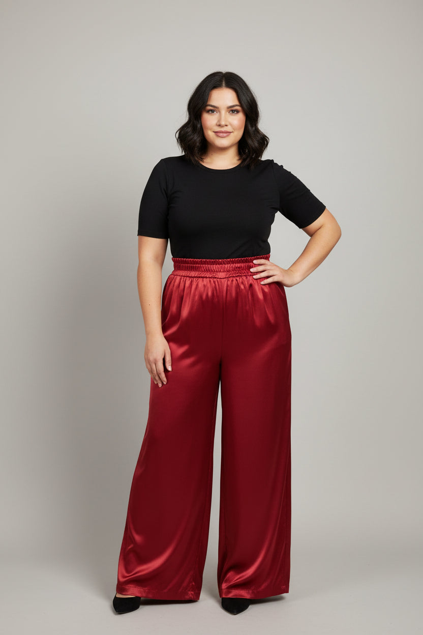 red satin dress pants Silk Sateen Straight Leg Pants in Tibet Red