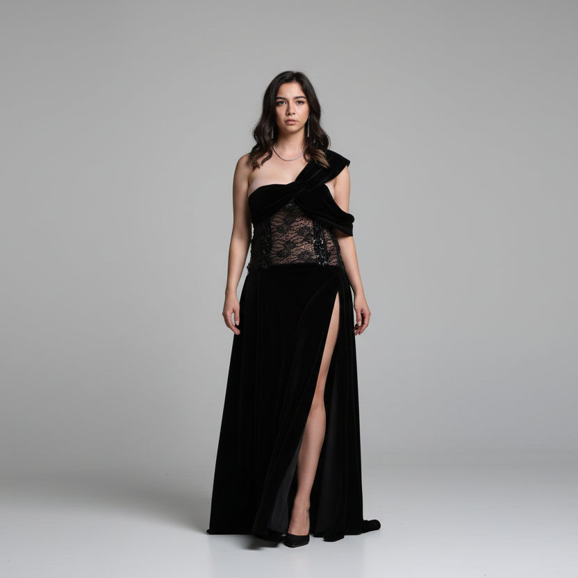 This photo shows a size adjustable evening gown made of stretchable lace and velvet. This gown will fit sizes 0-10 and every size in between.