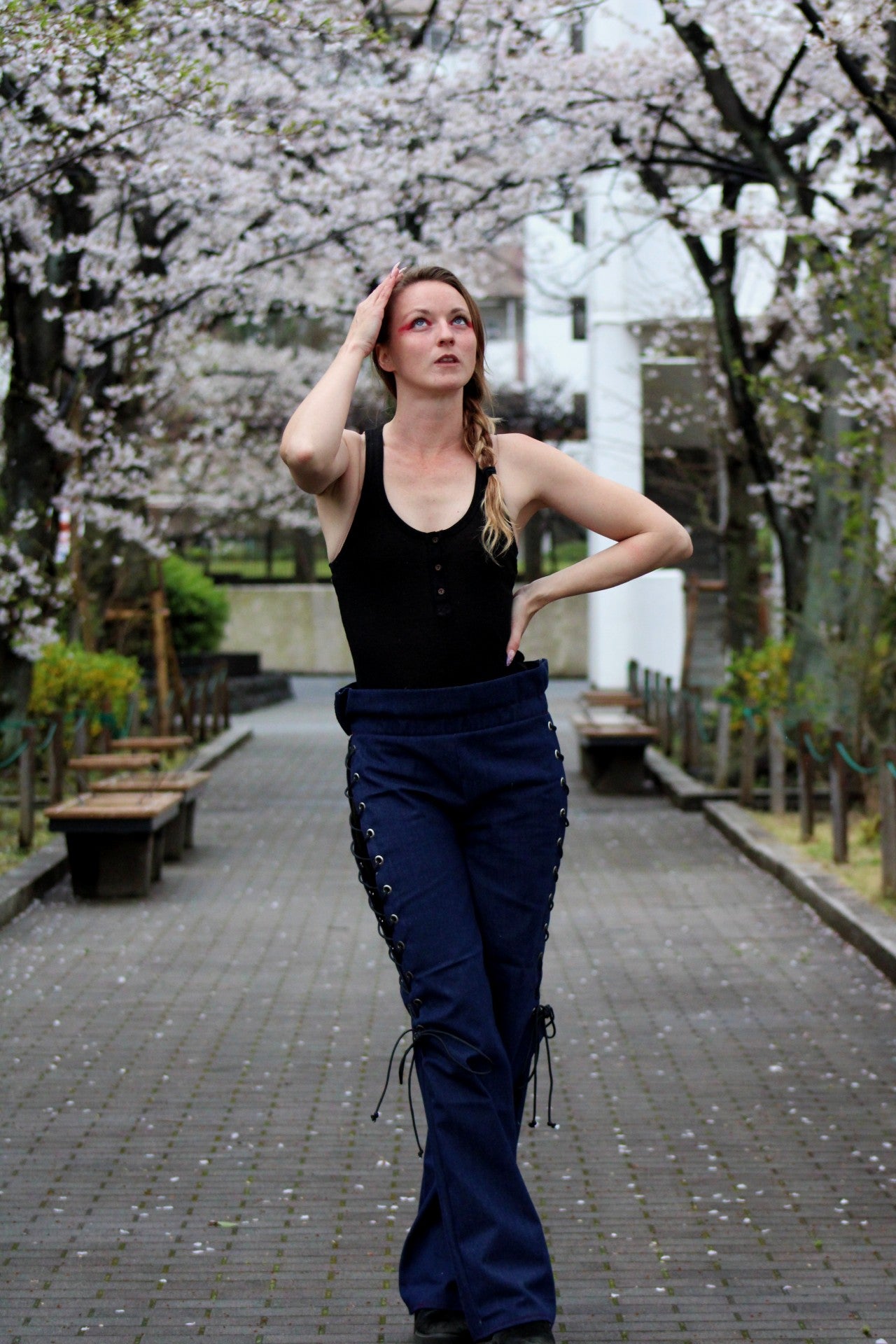 Denim Thigh Slit Lace Up Pants