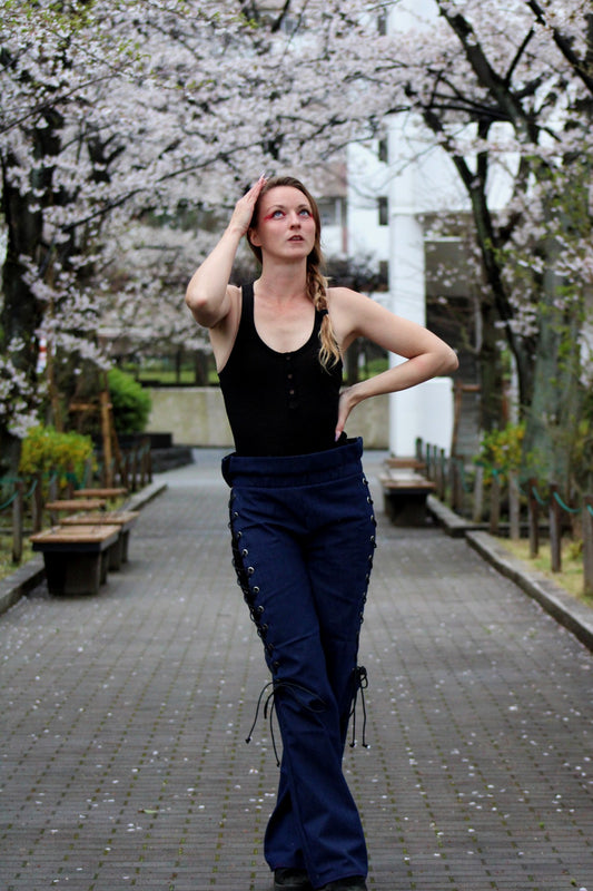 Denim Thigh Slit Lace Up Pants