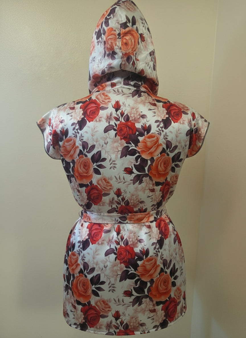 This photo shows a mannequin wearing a red floral shirt with a tied waist belt and the hood worn up