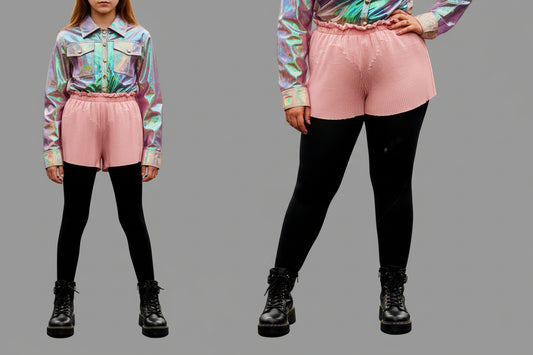 This photo shows a pair of bubblegum pink, pleated shorts with a size- adjustable waistband. 