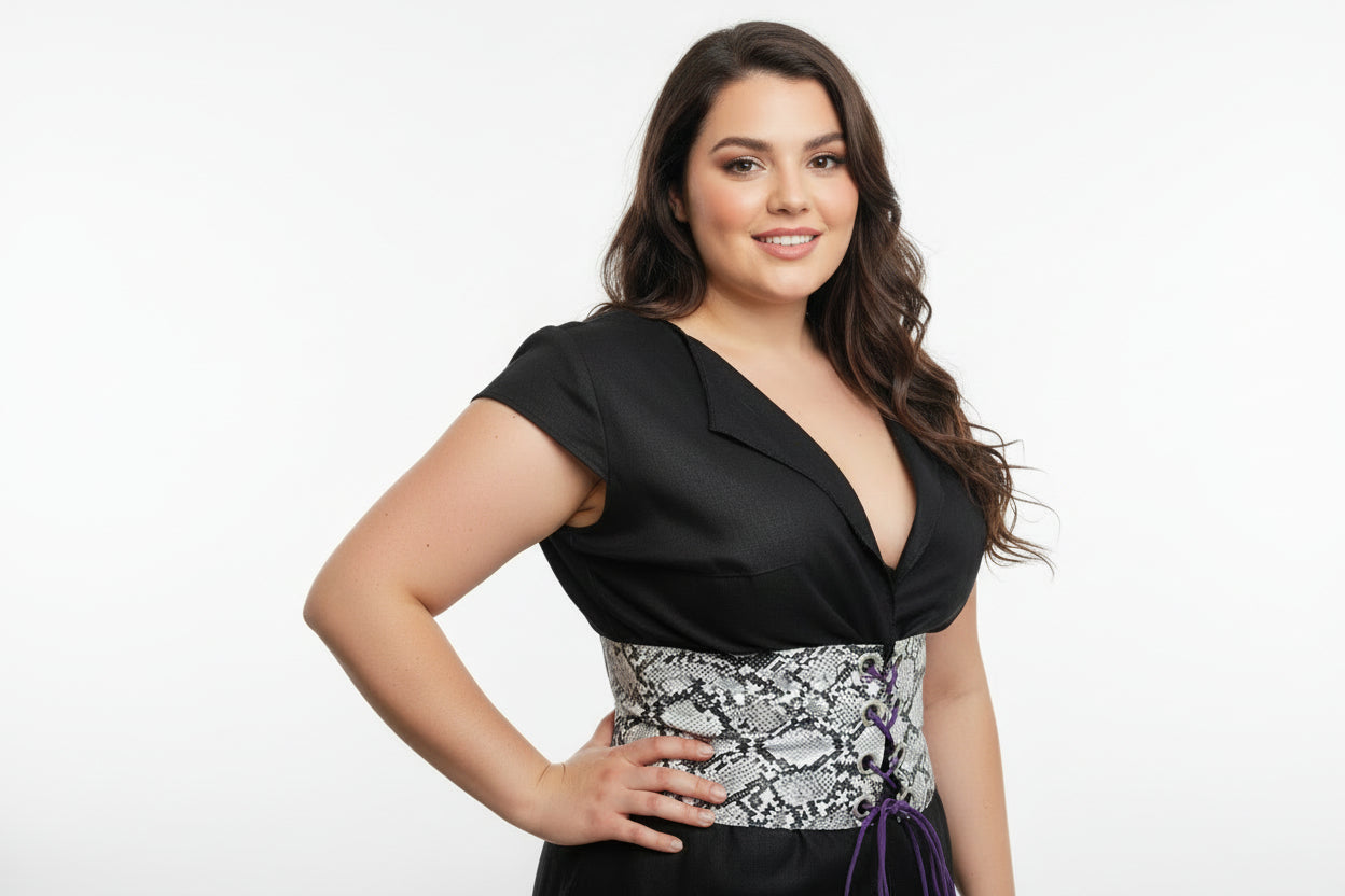 This photo shows a plus size model wearing a size adjustable black linen top with a corset faux snake skin corset on top. 