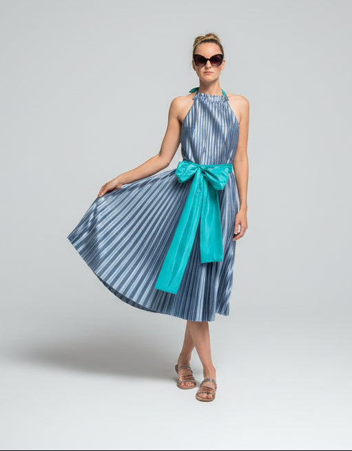 This photo shows a size adjustable blue pleated dress 