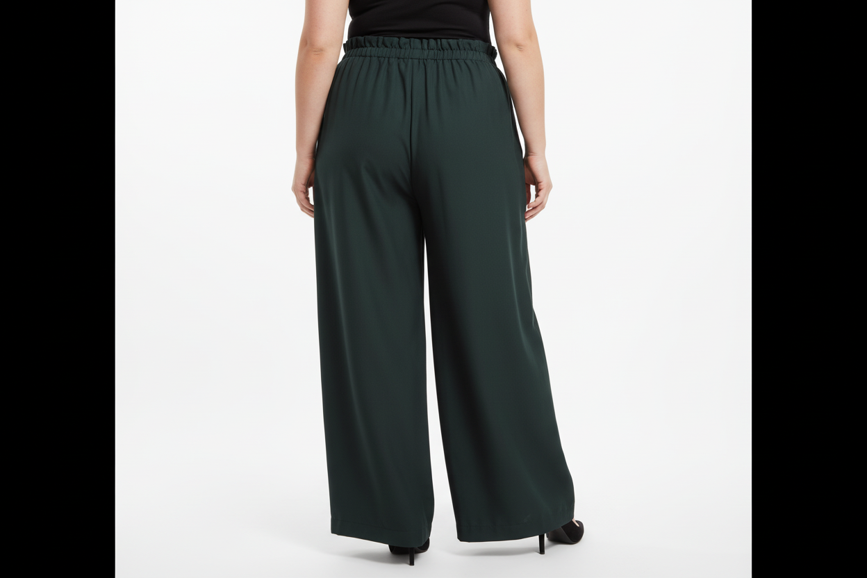 This photo shows a plus size model wearing the size adjustable green palazzo pants with rouching on the waistbelt from the back view. 