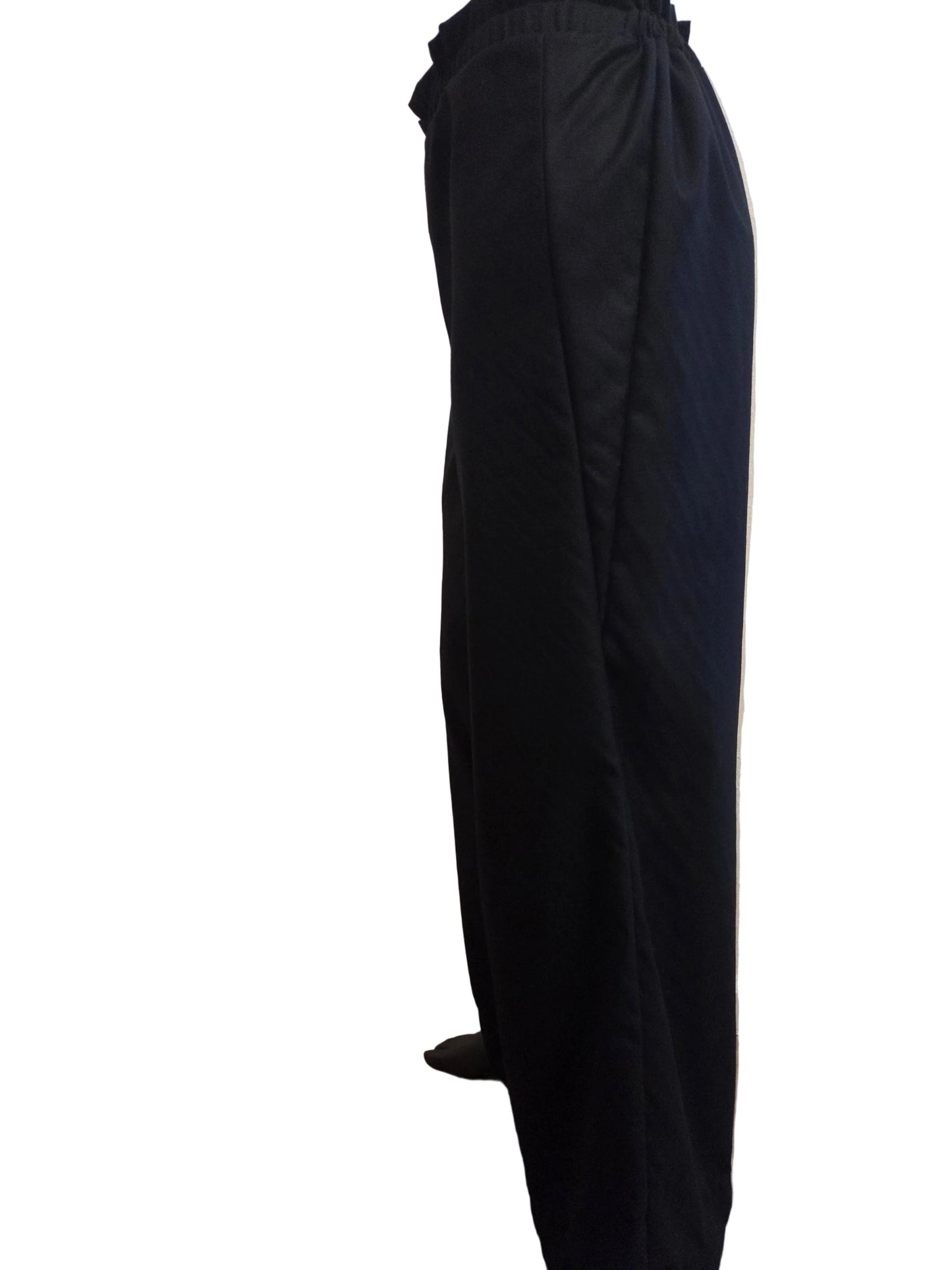 This photo shows a size adjustable pair of black linen palazzo pants
