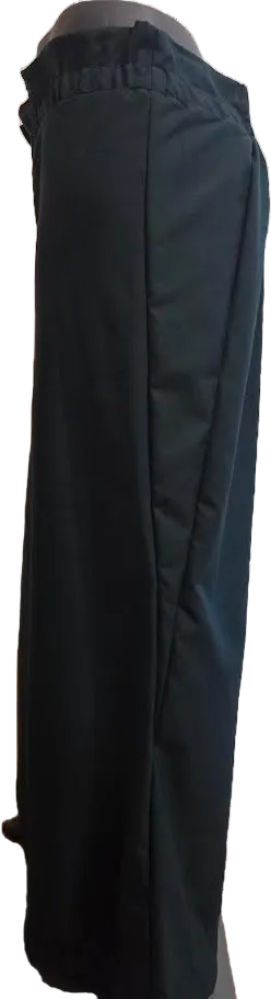 This photo shows a dark green pair of size adjustable palazzo pants that can change sizes.