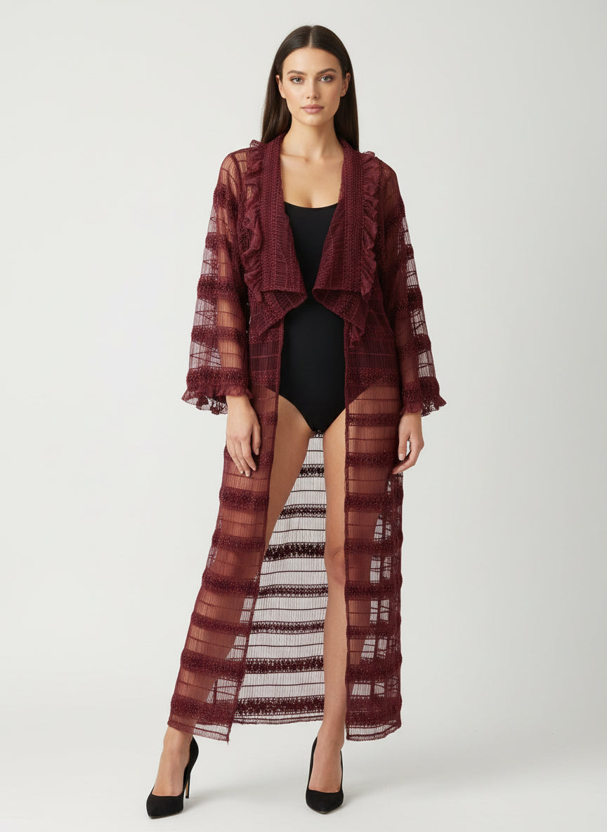 This photo shows a size inclusive red overcoat that is transparent 