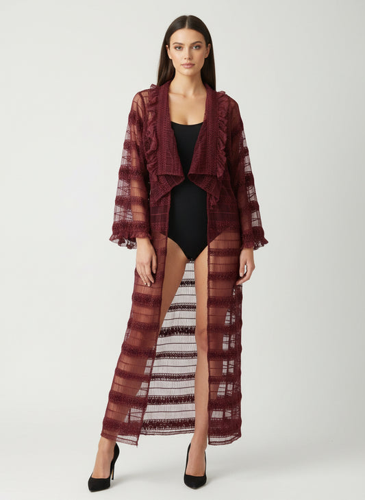 This photo shows a size inclusive red overcoat that is transparent 