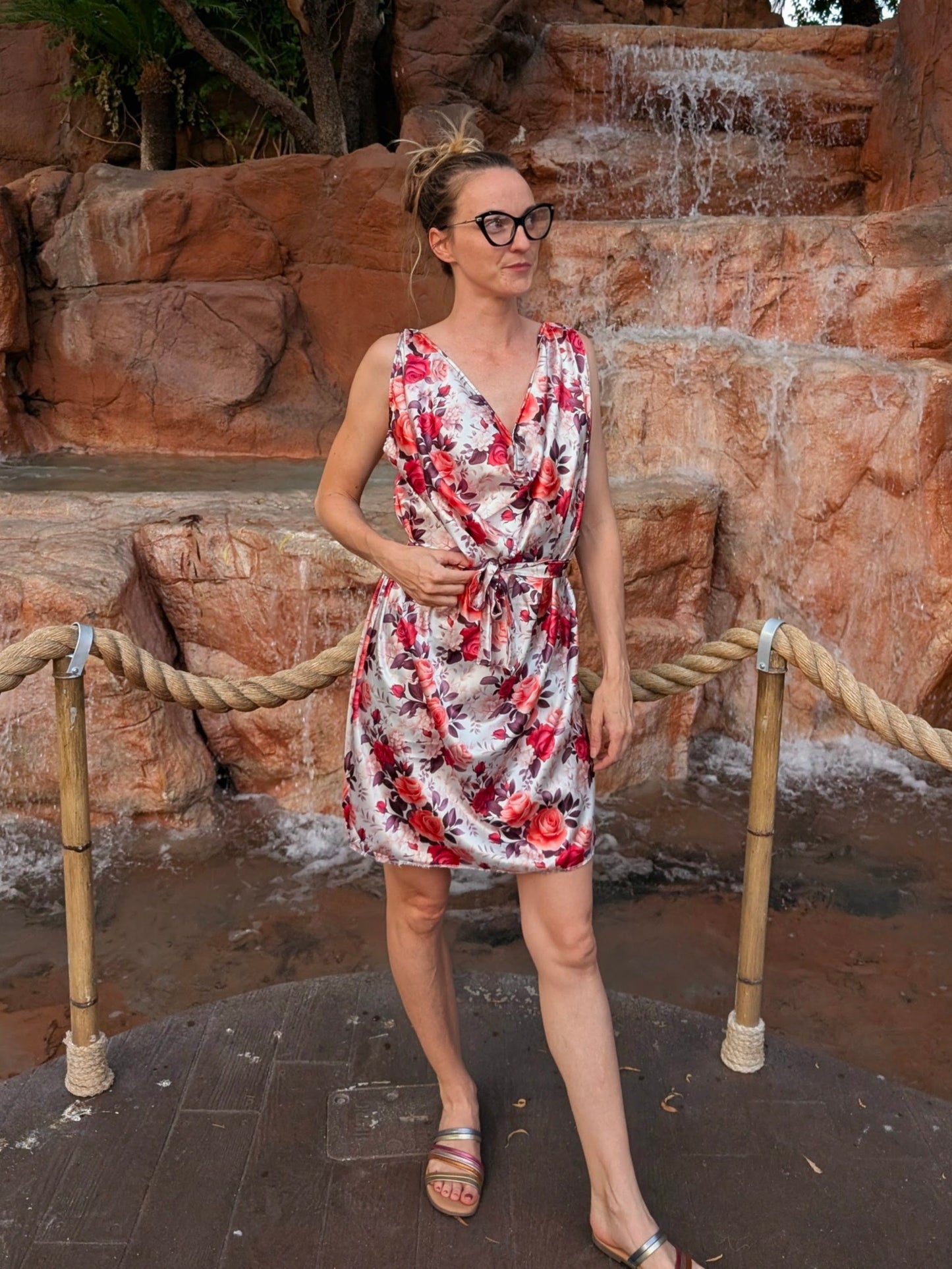 Red Floral Satin Dress